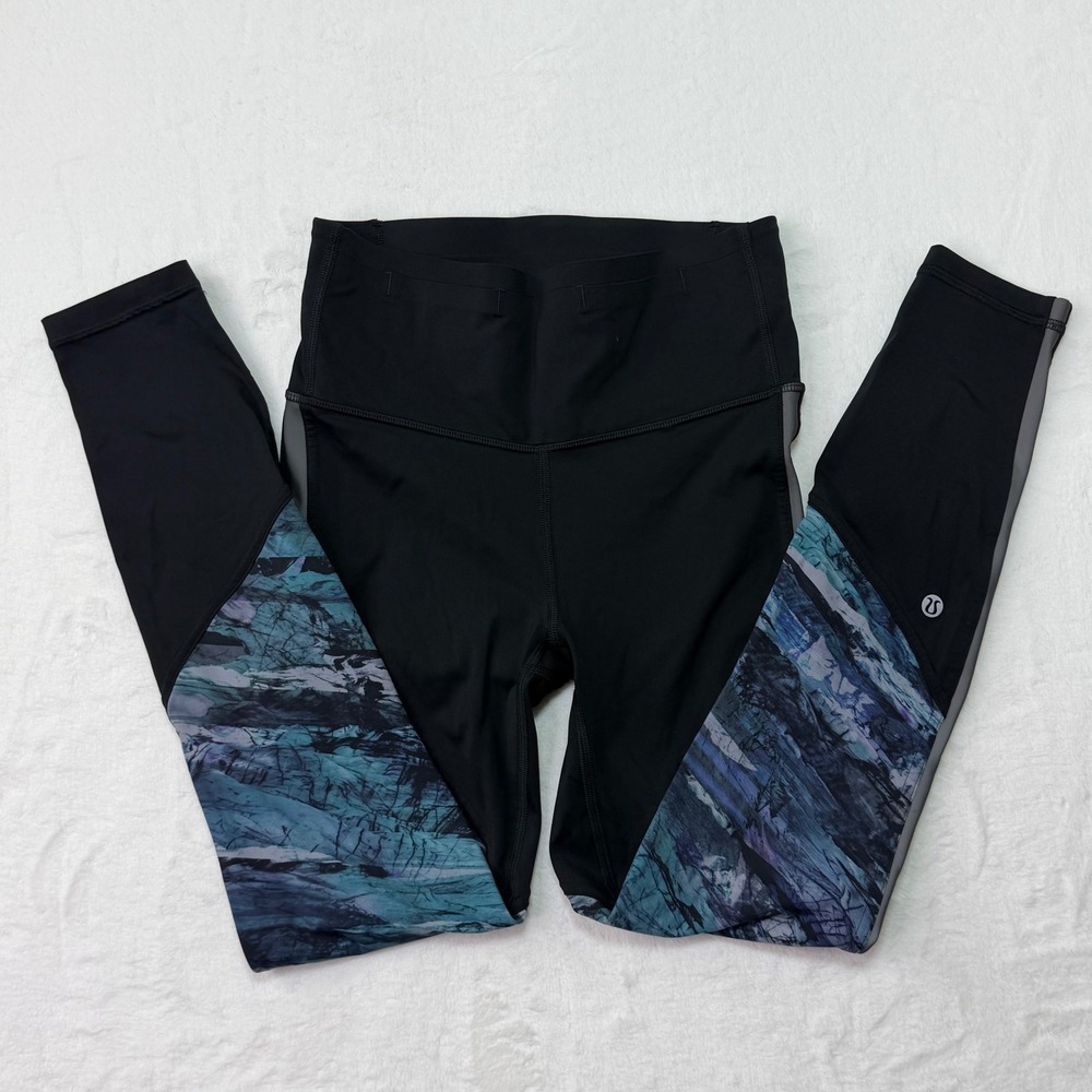 Lululemon Athletica Black Blue Abstract Print Leggings Cropped Activewear Women - Picture 2 of 6